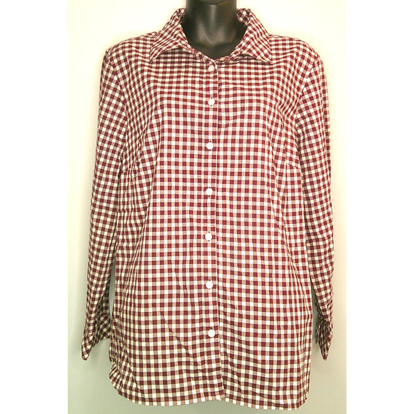 Talbots Plus Women's 1X Button-down Long Sleeve Burgandy White Check Blouse - Picture 1 of 6